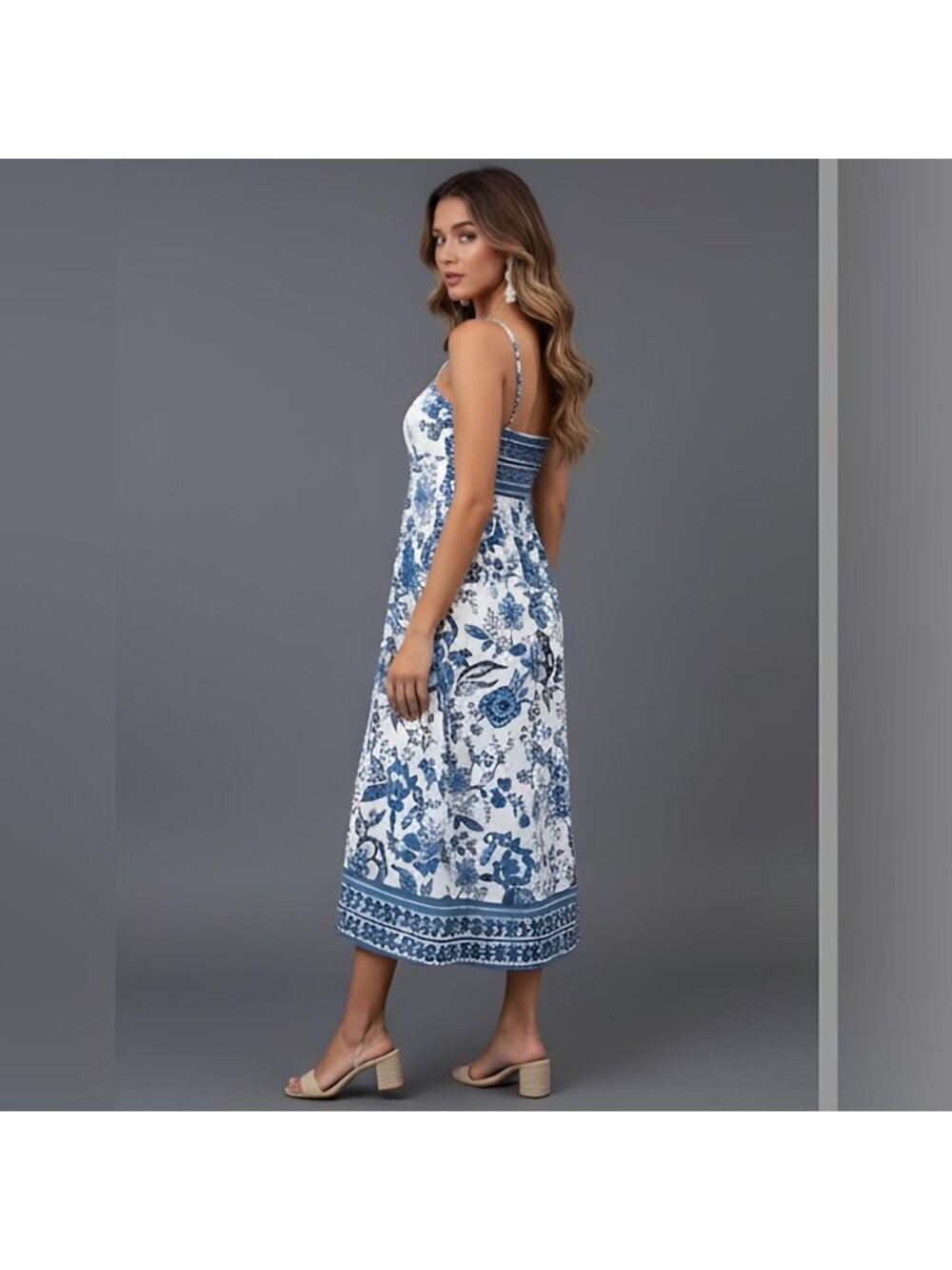 Blue/White Floral Spaghetti Strap Shirred Dress - Picture 3 of 8